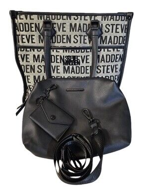 Steve Madden Bsidra 3pc bag set tote crossbody purse wallet Keychain black gray